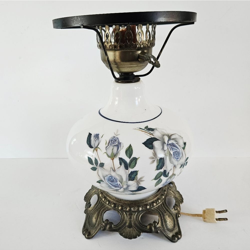 Vintage Gone With The Wind Style White Glass Blue Floral Painted Hurricane Lamp